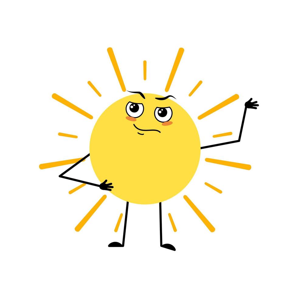 Cute sun character with emotions of hero, brave face, arms and leg. Person with courage expression and pose. Vector flat illustration