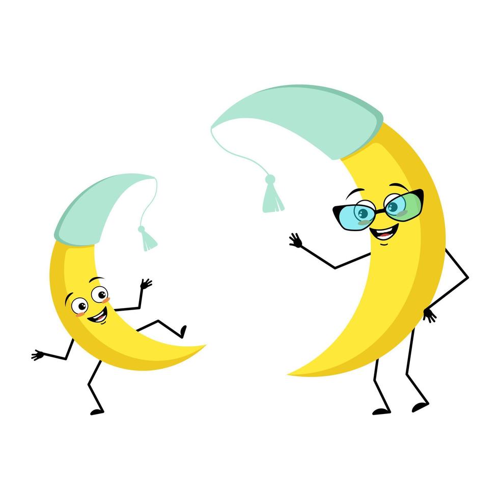 Cute moon character in nightcap with glasses and grandson dancing character with happy emotion, joyful face, smile eyes, arms and legs. Person with funny expression and pose. Vector flat illustration