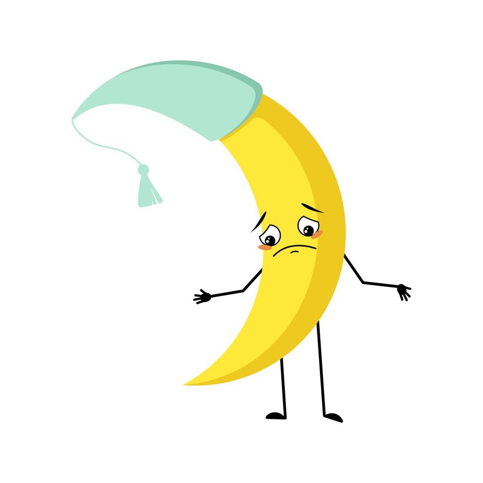 Cute moon character in nightcap with sad emotions, depressed face, down eyes, arms and legs. Person with melancholy expression and pose. Vector flat illustration