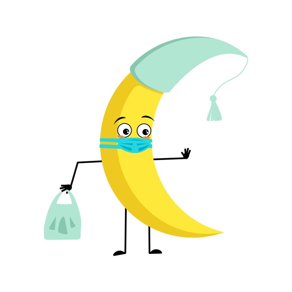 Cute moon character in nightcap with sad emotions, face and mask keep distance, hands with shopping bag and stop gesture. Person with care expression and pose. Vector flat illustration