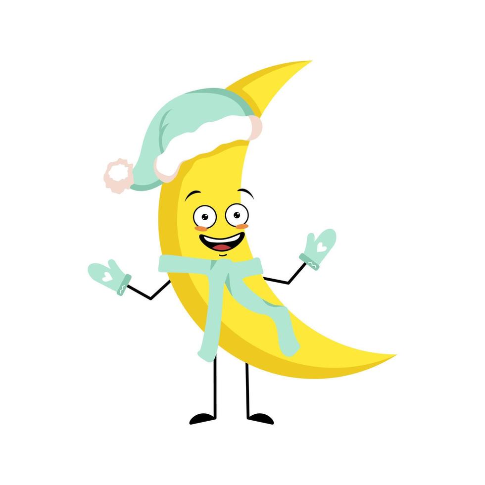 lindo personaje lunar en gorro de dormir con sombrero de santa con emoción feliz, cara alegre, ojos sonrientes, brazos y piernas. persona con expresión divertida y pose. ilustración plana vectorial vector