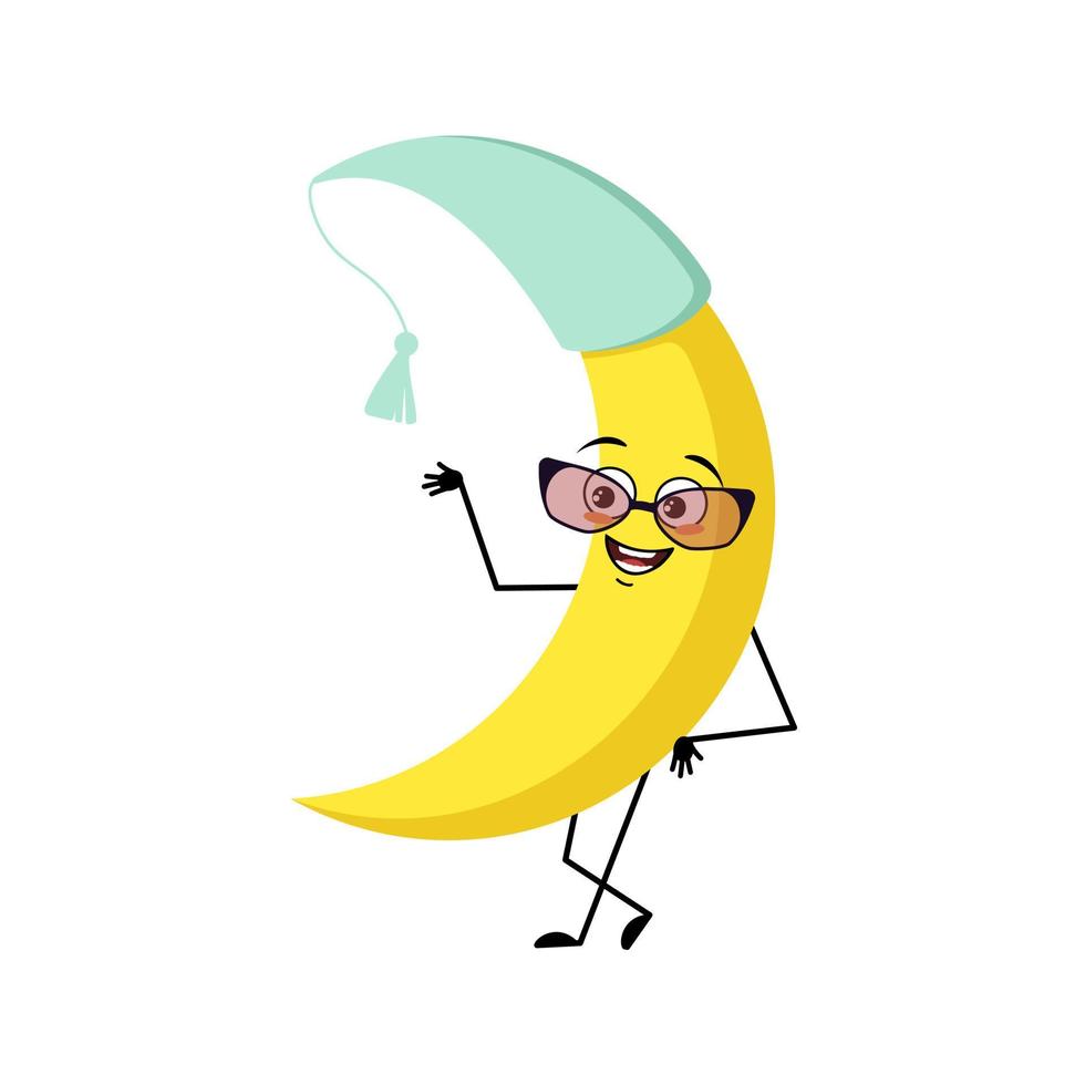 lindo personaje de luna en gorro de dormir con gafas y emoción feliz, cara, ojos sonrientes, brazos y piernas. persona con expresión divertida y pose. ilustración plana vectorial vector