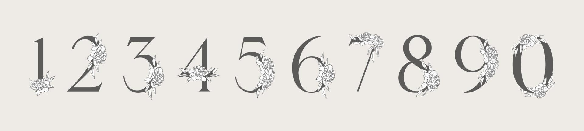 Flower ornate numbers. Elegant floral blossom number, floral sprigs date and numeric monogram. vector