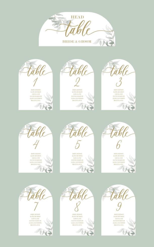 juego de bodas de tarjeta de asiento de invitado de caligrafía, plantilla con número y caligrafía elegante. vector