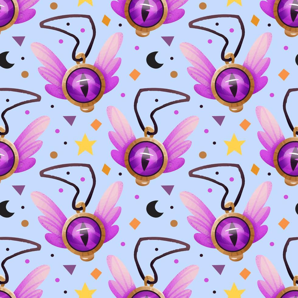 Magic amulet with crystal eye and wings. Wizard, witch element, tool. Fantasy world. Casual video game design. Seamless pattern, background. Halloween decoration. Packaging wrapping paper design. vector