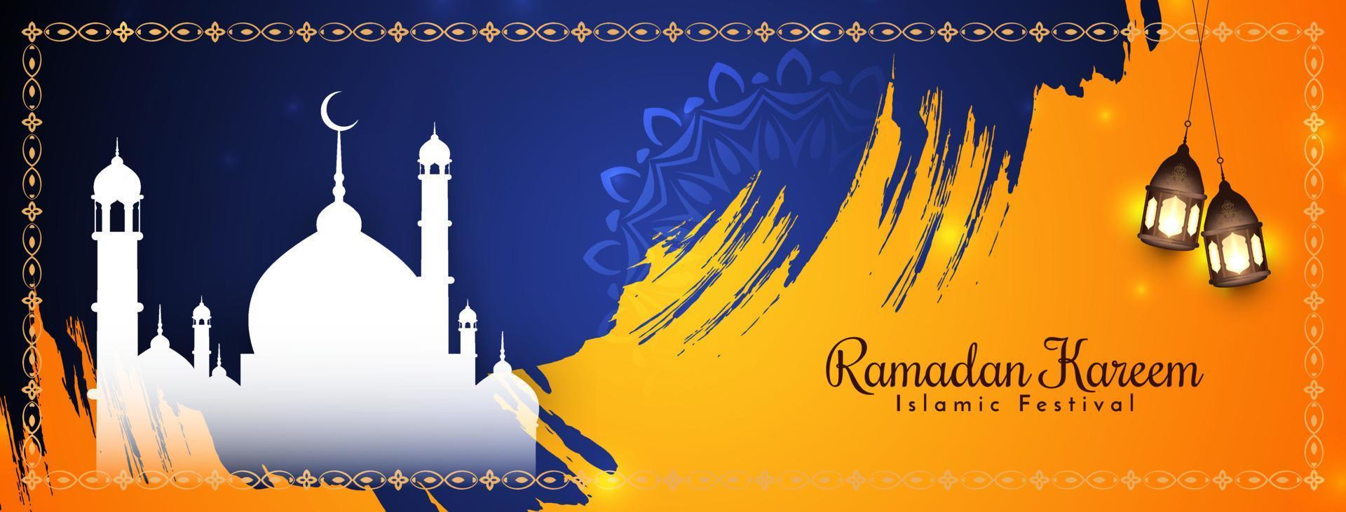 banner de saludo del festival islámico ramadan kareem con mezquita vector