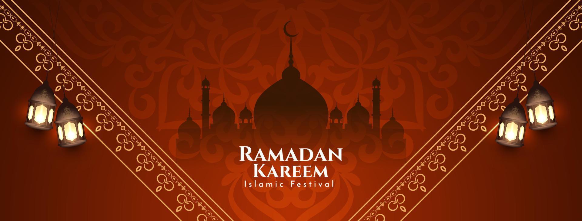 banner de saludo del festival islámico ramadan kareem con mezquita vector