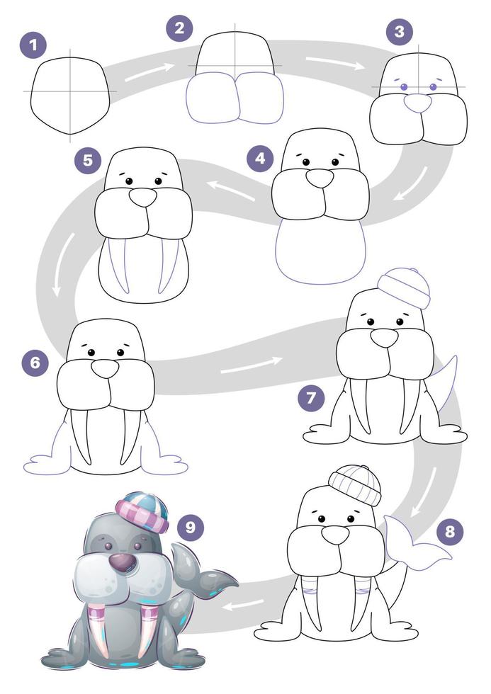 Cartoon character adorable animal walrus - drawing tutorial vector