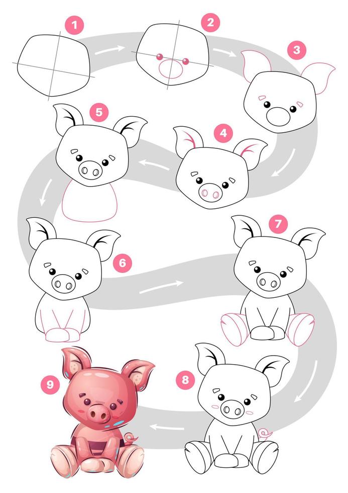 Cartoon character cute animal pig - drawing tutorial vector