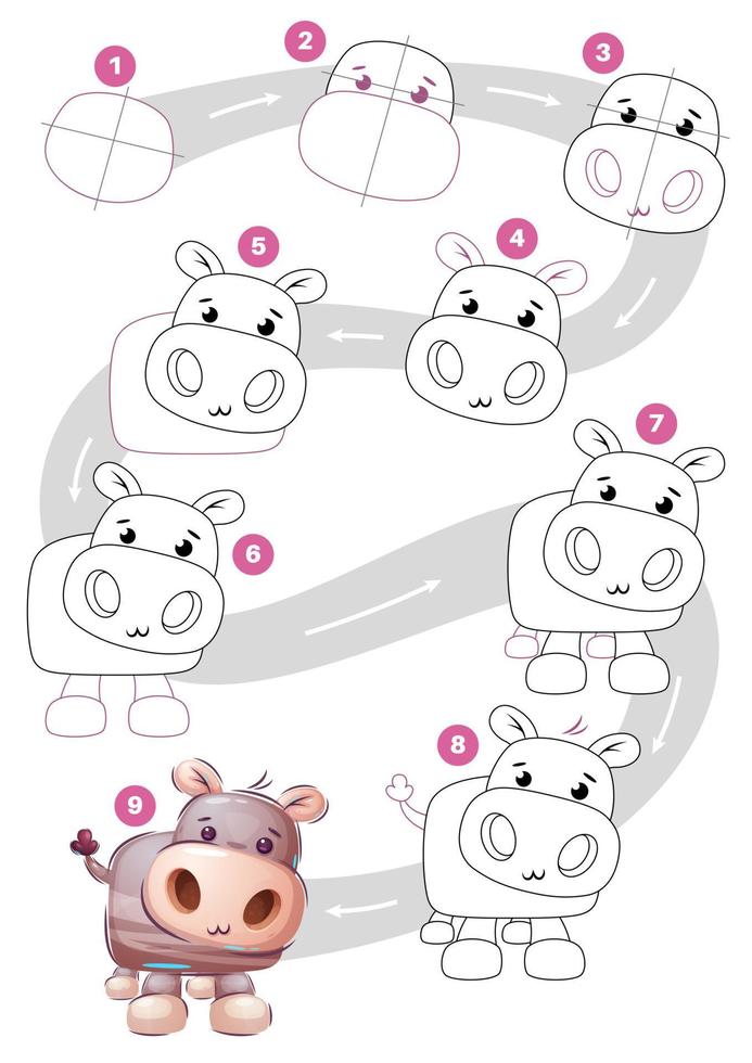 Cartoon character hippo step by step drawing tutorial vector