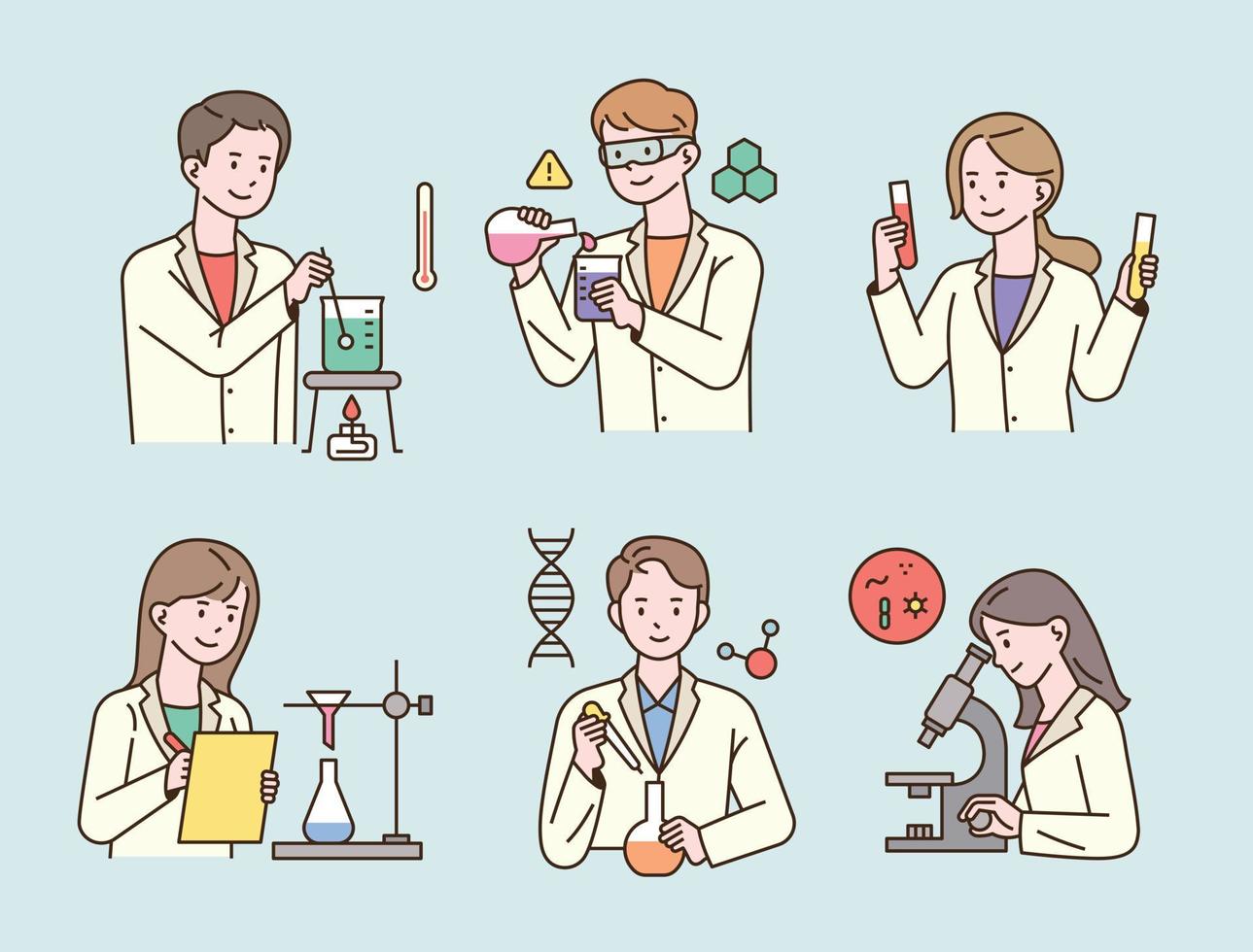 Scientists in white gowns are doing research with laboratory equipment. vector