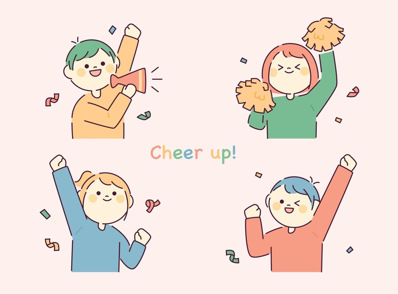 Round and cute face character. People are holding cheering tools and cheering. vector