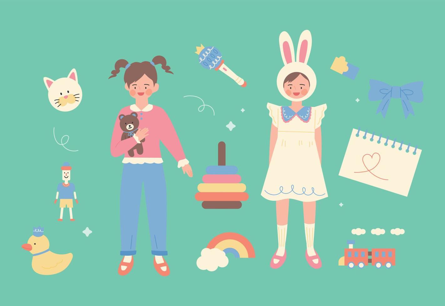 A girl holding a teddy bear, a girl wearing a rabbit mask. There are toys around them. vector