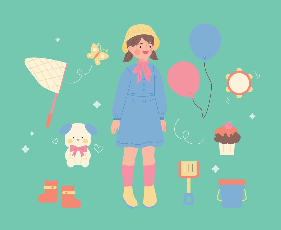 Cute little girl in a hat and a skirt. She has cute toys around her. vector