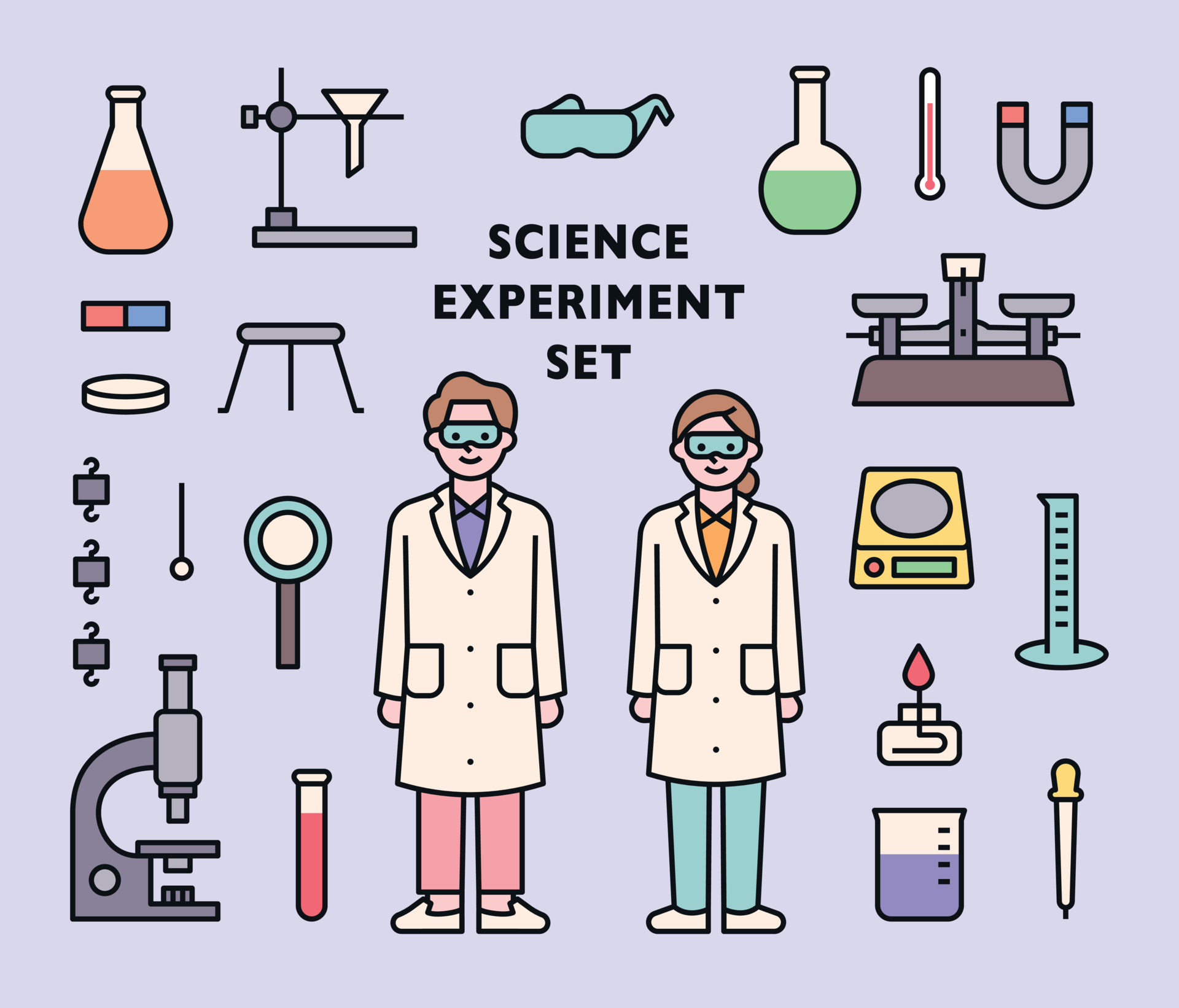 Set of cute scientist characters and laboratory experiment tools icons. 7015362 Vector Art at