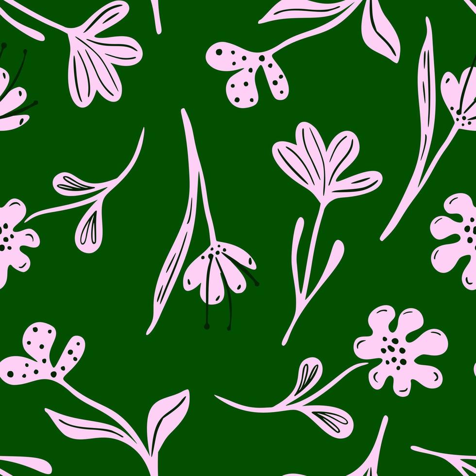 Abstract floral seamless pattern on green background. Purple flowers meadow in doodle style. vector