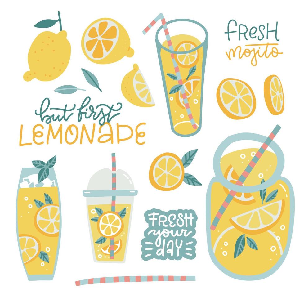Set of lemonade elements - lemon, ice, straw, plastic cut, glass, jar, lettering quotes. Slice lemon, whole, half. Vector icons of smoothie lemonade fresh juice detox in flat cartoon illustration.