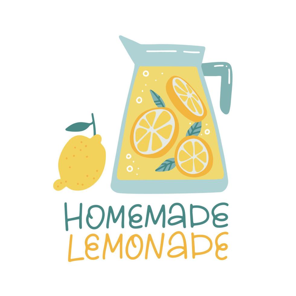 Homemade Lemonade in jug. Pitcher drinks with lemon and slices. Tropic summer hand drawn glassware jar for poster, lemonade menu. Flat design colored trendy flat vector illustration with lettering