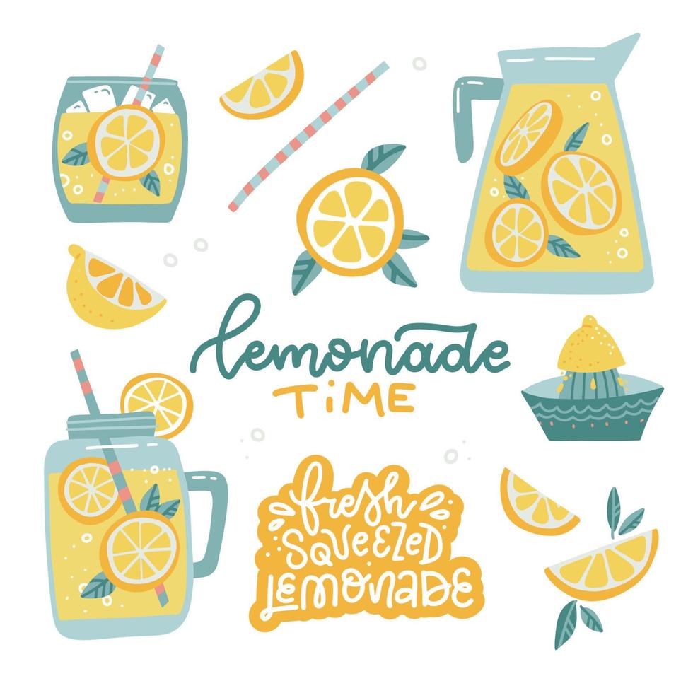 Lemonade making set. Pitcher drinks with straw, lemon slice in jar, mint citrus cocktail. Tropic summer hand drawn glassware jar for poster, cafe menu. Flat design colored trendy vector illustration