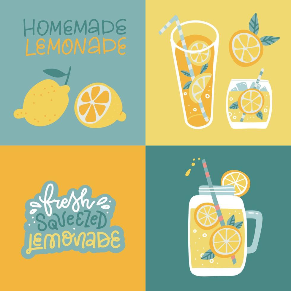 Set of cards or banners with jar, glasse, citrus cooling drink and hand drawn lettering inscription Lemonade. Refreshing beverages with lemon, mint, ice cubes, water. Vector flat drawn illustration.