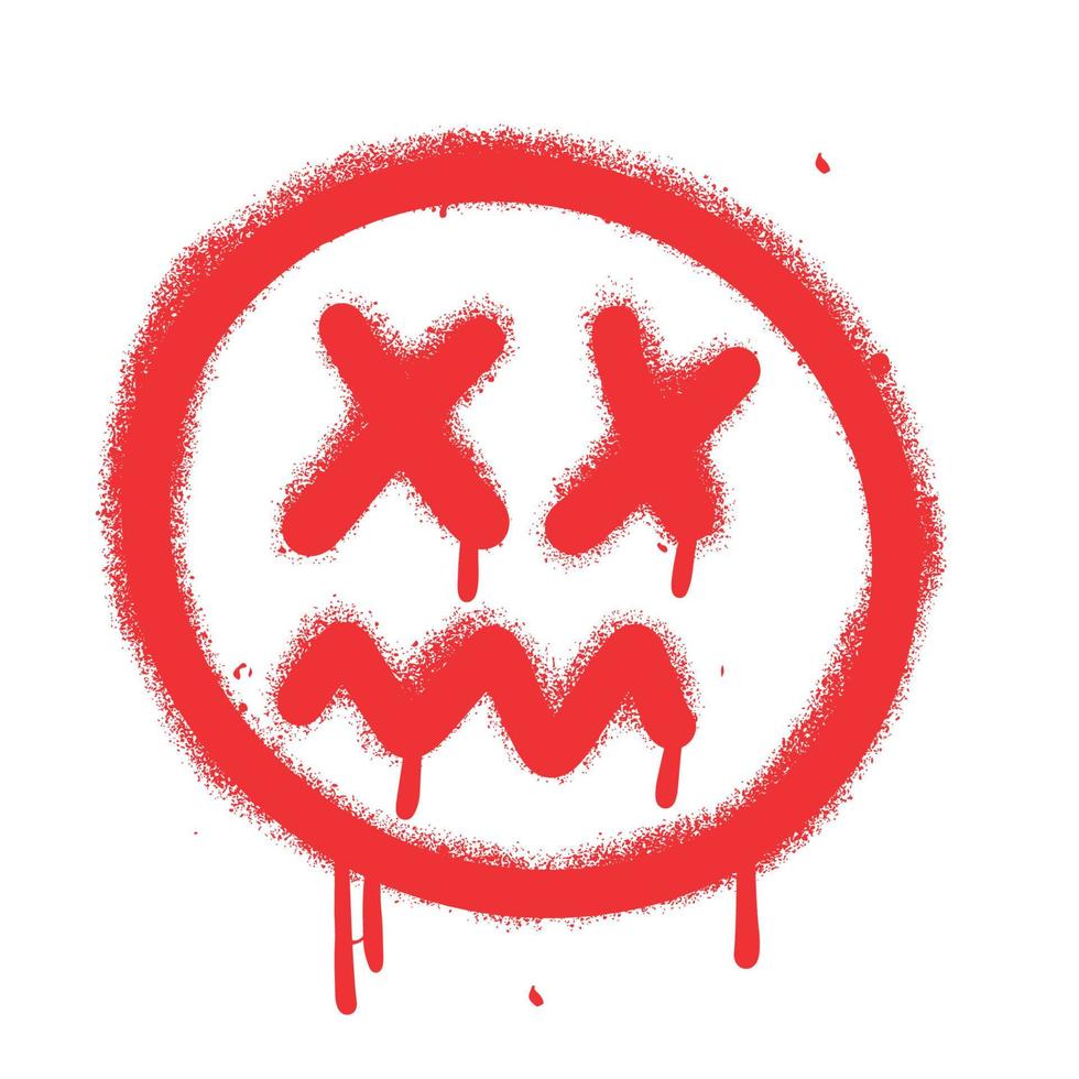 Urban graffiti crazy sick emoticon with dead eyes sprayed in red over white. Textured hand drawn illustration. vector
