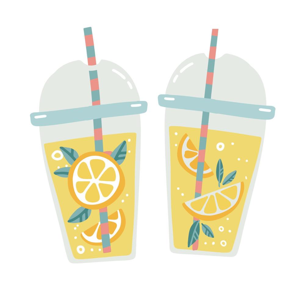 Two Plastic transparent cups for smoothie with striped pipe. Fresh lemonade, orange juice with citrus slices in a plastic cup. Isolated Hand drawn vector flat cartoon style.