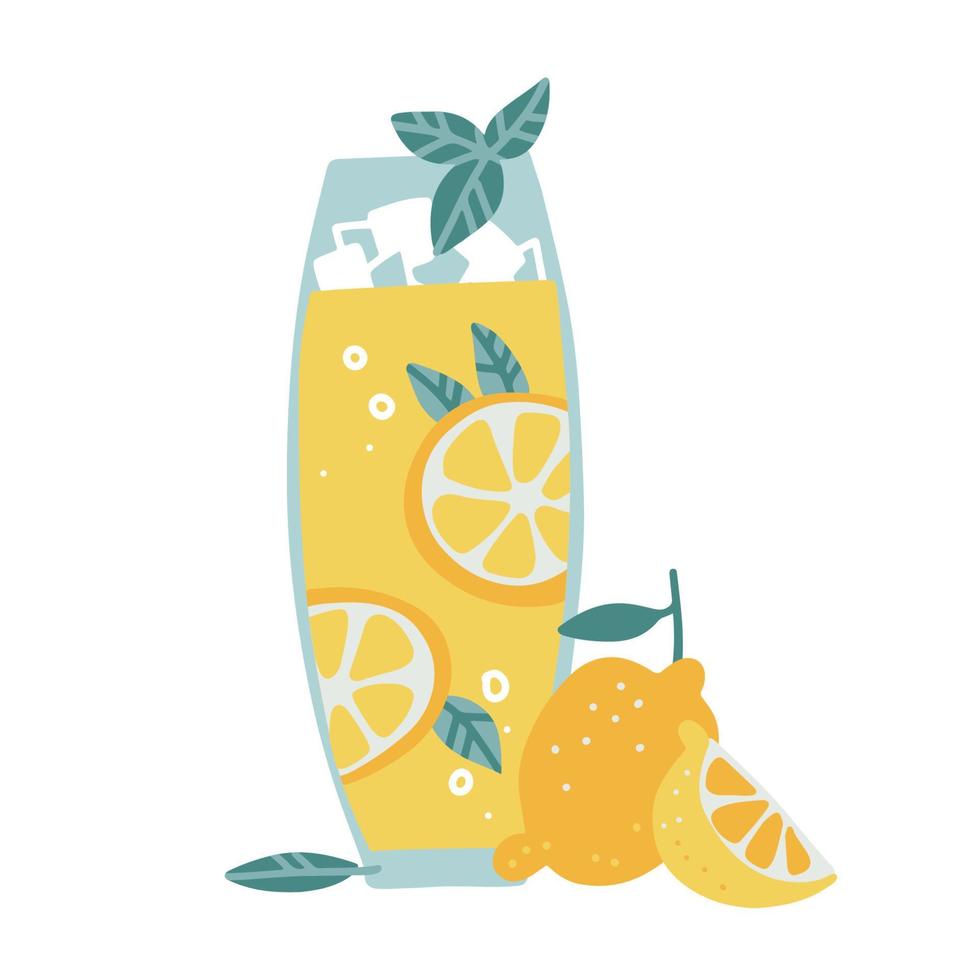 A long glass of lemonade with lemon slices and mint leaves. Isolated hand drawn flat vector illustration for bar advertising or for a summer poster