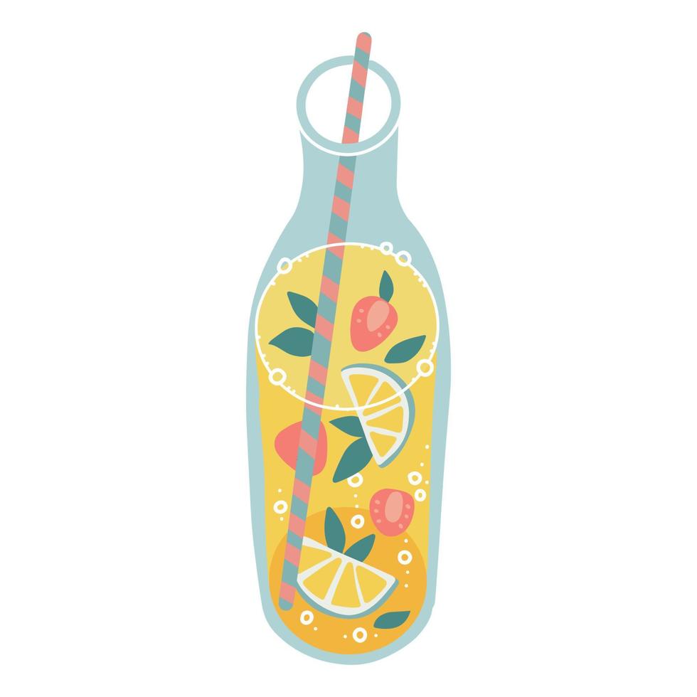 Tropical detox drink, organic lemonade in glass bottle, modern jar or jug with straw. Refreshing summer homemade beverage. Colored flat hand drawn vector illustration isolated on white background.