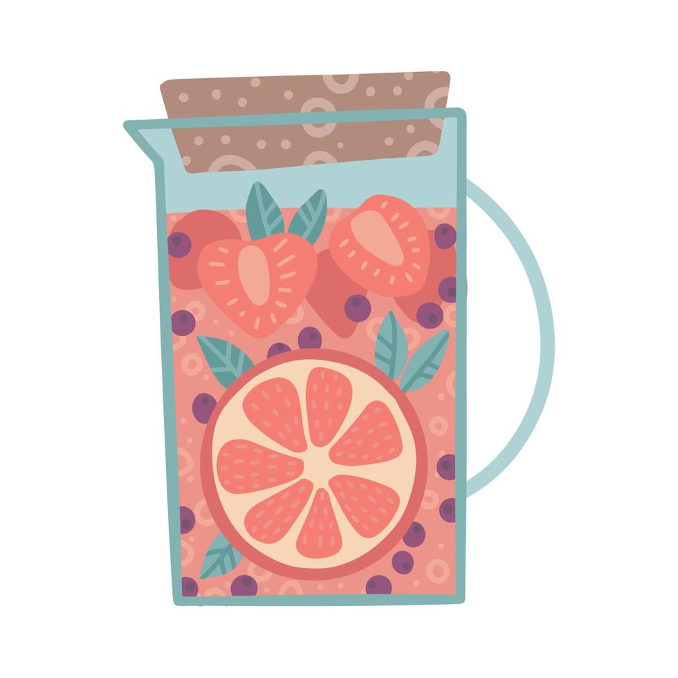Strawberries and sitrus slices in a glass jug, container with fresh summer coctail. Vegan and refreshment, nutrition with vitamins. Vector flat hand drawn illustration. Grapefruit lemonade drink.