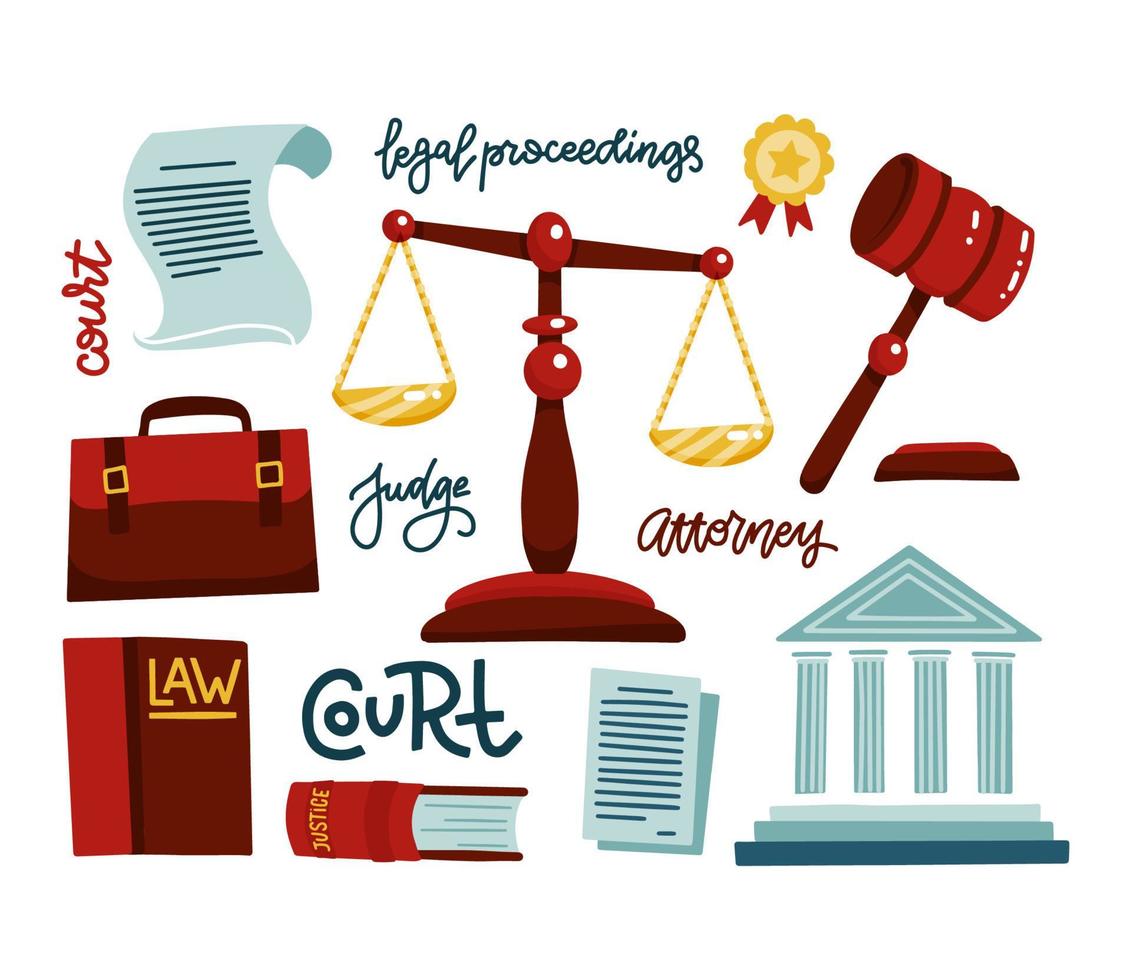 símbolos de las normas legales. conjunto de iconos jurídicos. judicial, tribunal y juicio, ley y mazo. cartera de jueces, palacio de justicia. ilustración vectorial plana con letras dibujadas a mano procedimientos legales vector