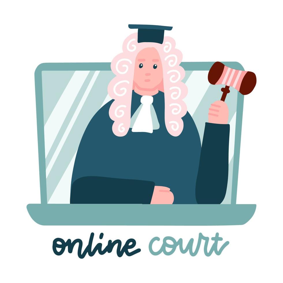 Judge in a wig on laptop screen. computer Online legal proceedings .Law consulting, juridical help online. Lockdown home office, remote job. Flat vector illustration.