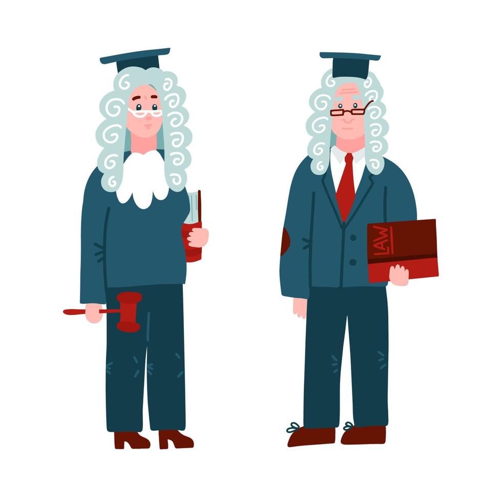 Judge in a wig - man and woman. Character set with books and hammer for process of the court andprotection rights of citizen. People isolated on white background. Flat cartoon vector illustration.