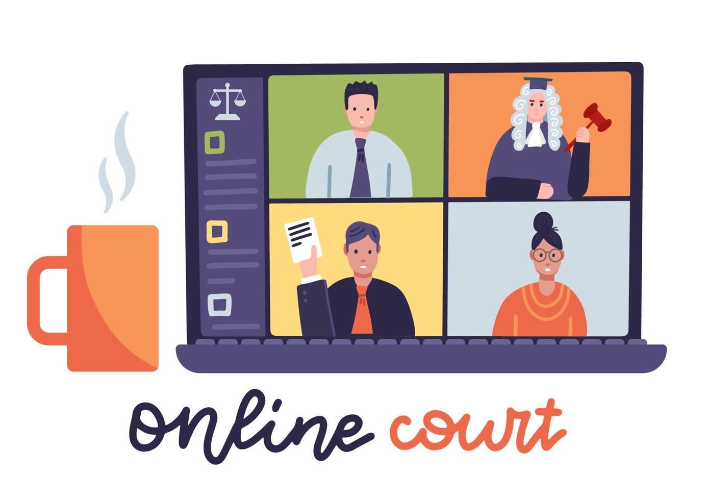 Online Court session with judge, Secretary, Prosecutor and lawyer on laptop screen. Courtroom chat, flat vector illustration. Lockdown, quarantine distant, remote justice.