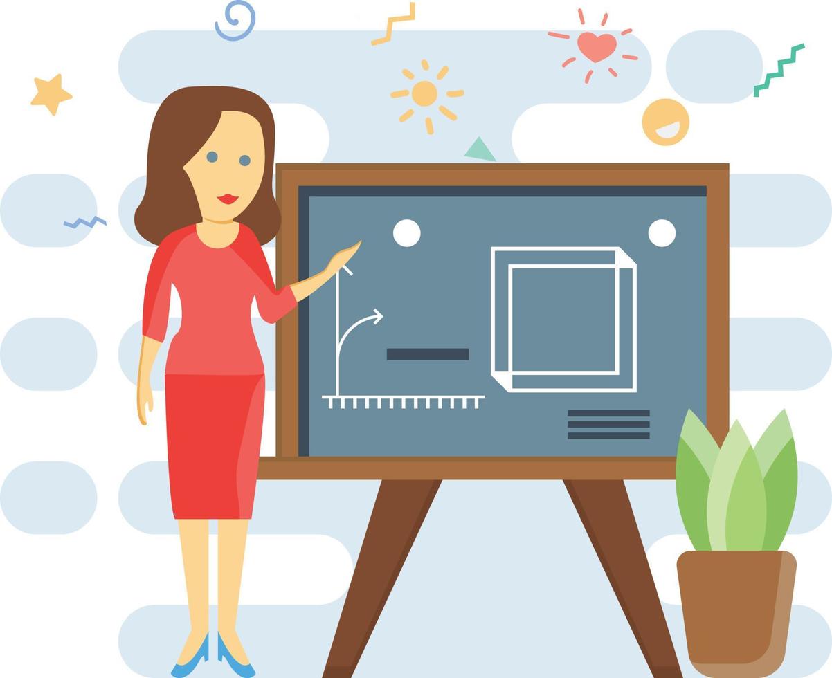 The female teacher is telling about diagrams on the board. vector