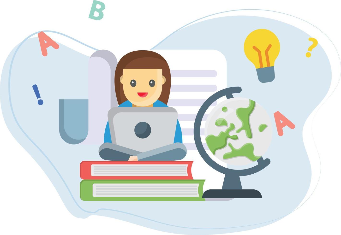 The girl is sitting on books and doing online study. vector