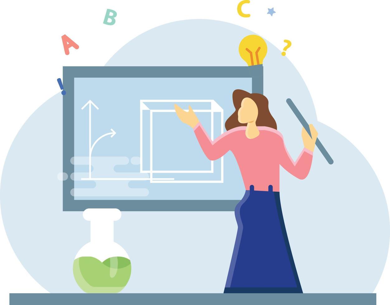 The female teacher is telling about diagrams on the board. vector