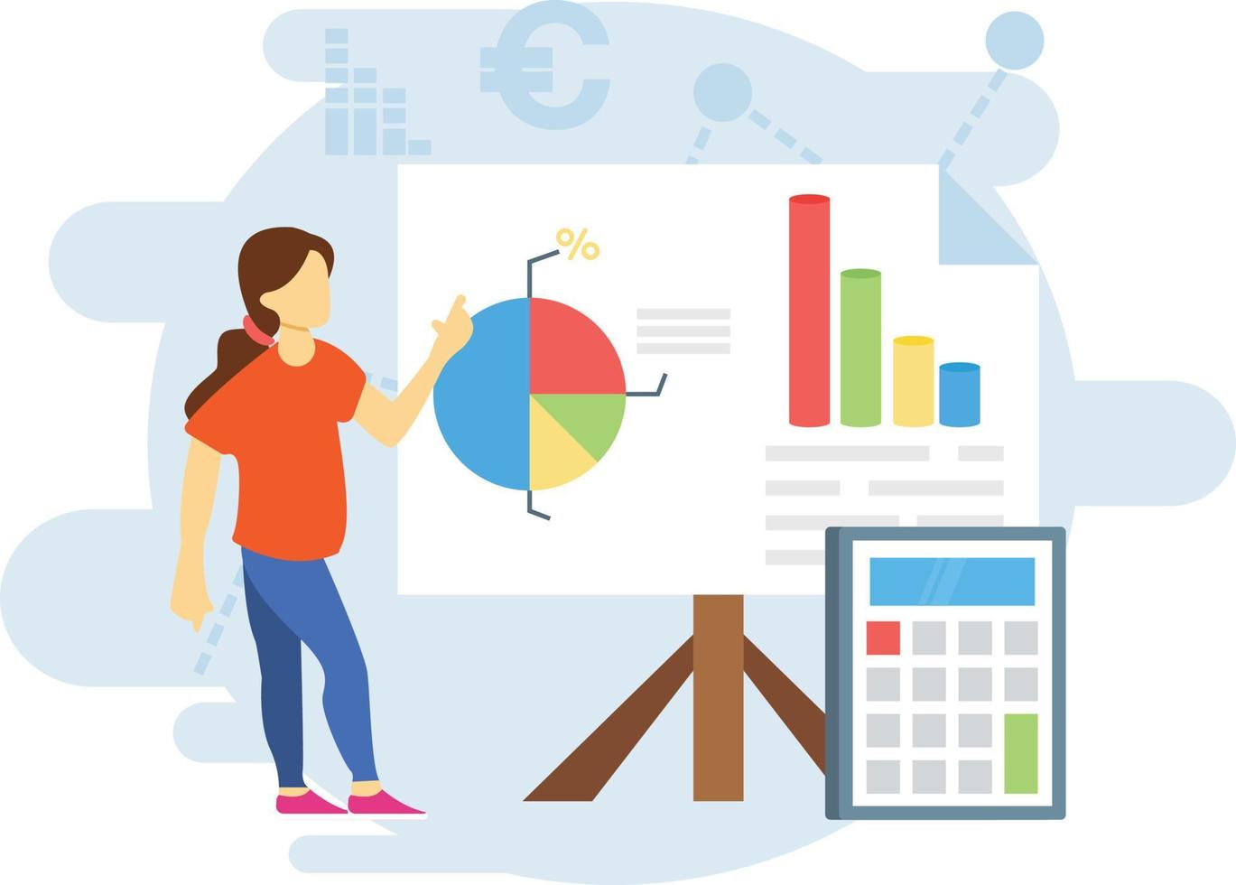 The girl is standing near presentation board. vector