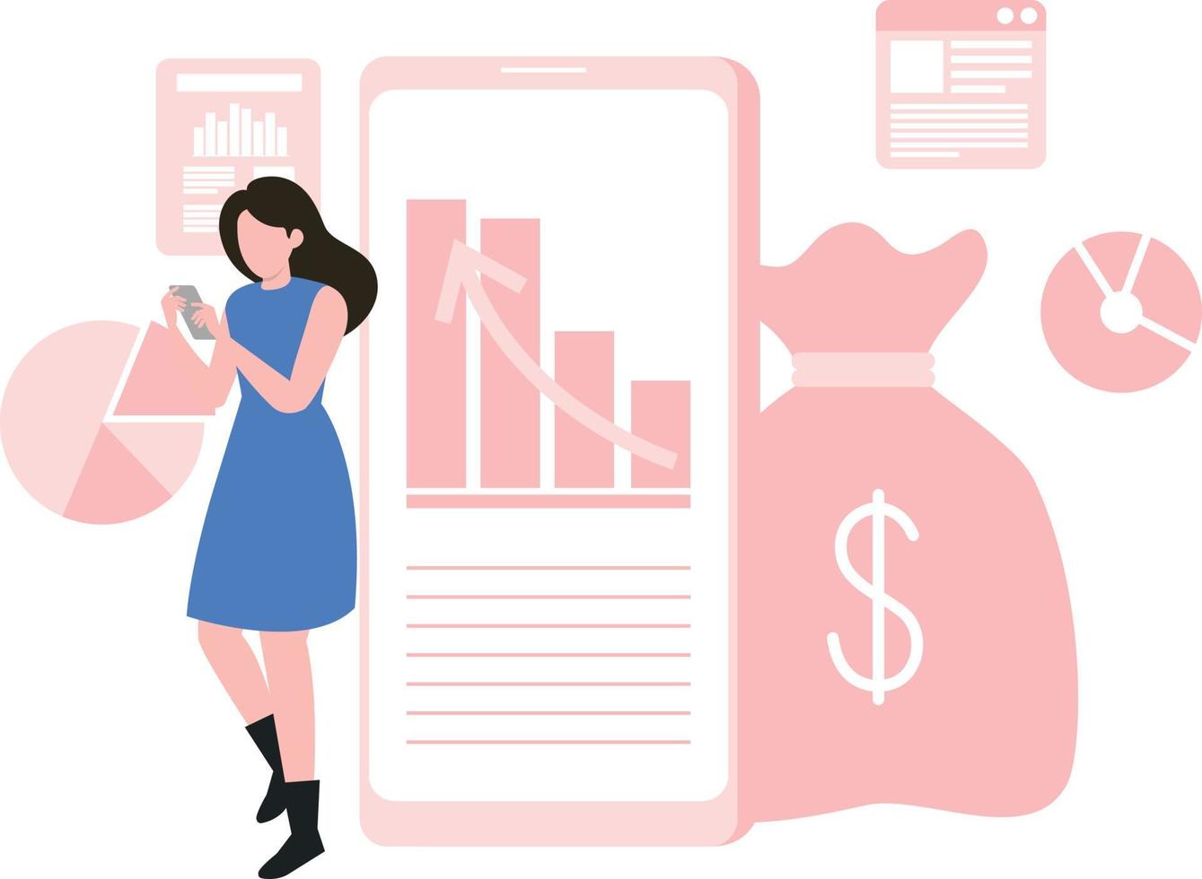 The girl is standing and checking the dollar graph on her mobile. vector