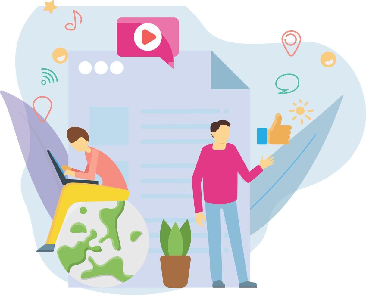 A boy is standing in front of social media file. vector