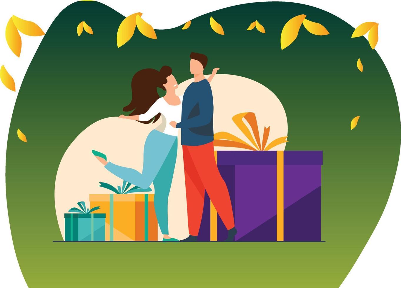 la pareja está parada entre muchos regalos. vector