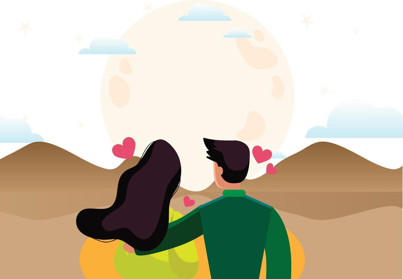 The couple is sitting for a romantic sunset. vector