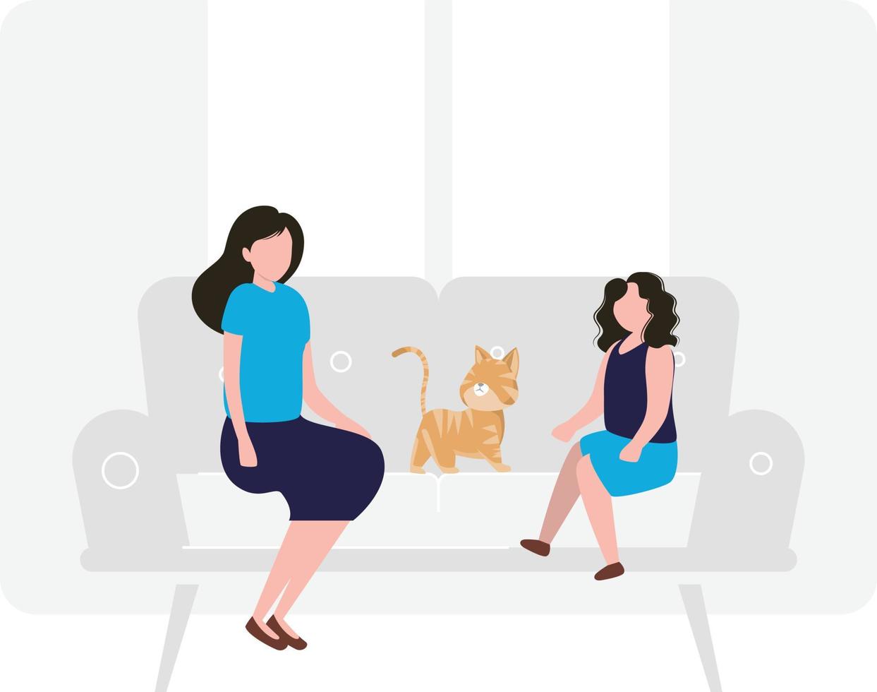 Two ladies sitting on a couch with cat. vector