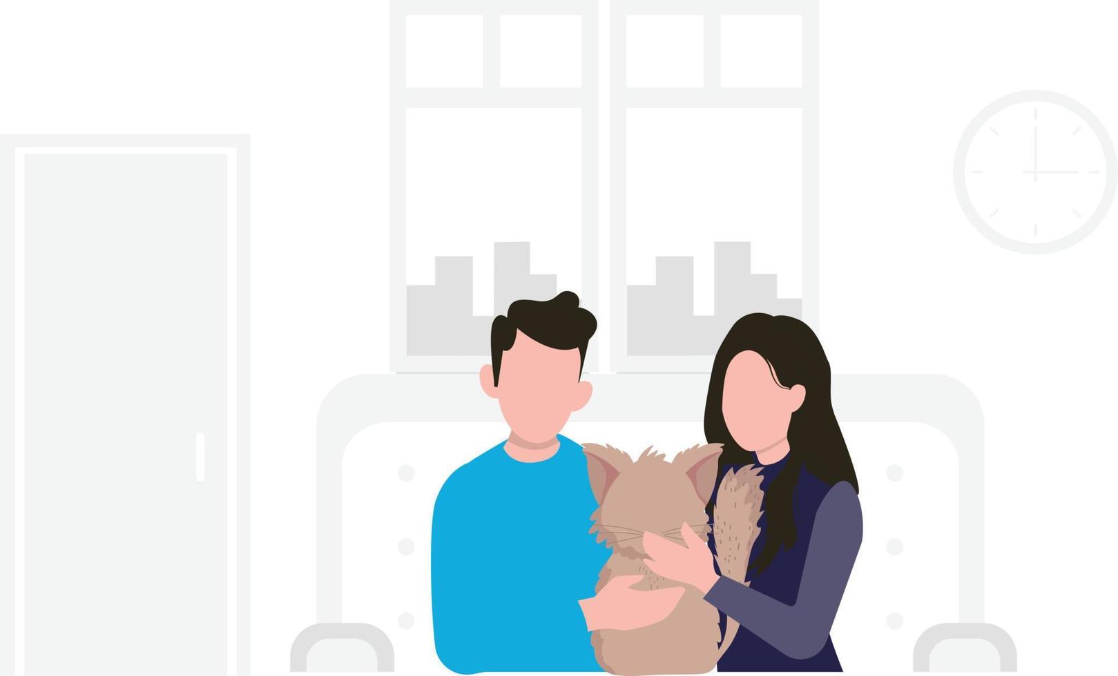 The couple is standing with their pet animal. vector