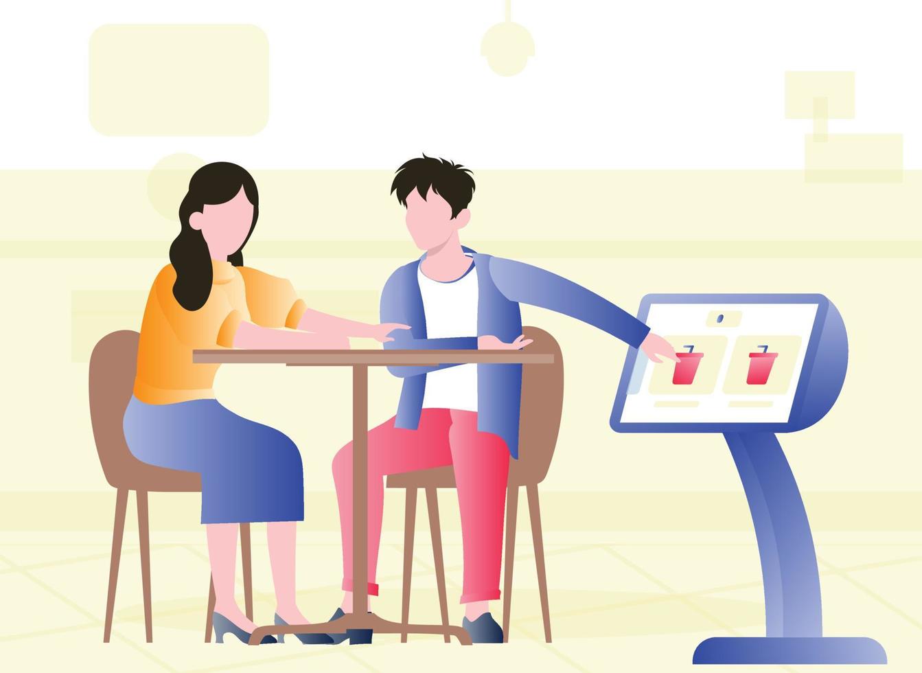 The couple is sitting on table and order juice. vector