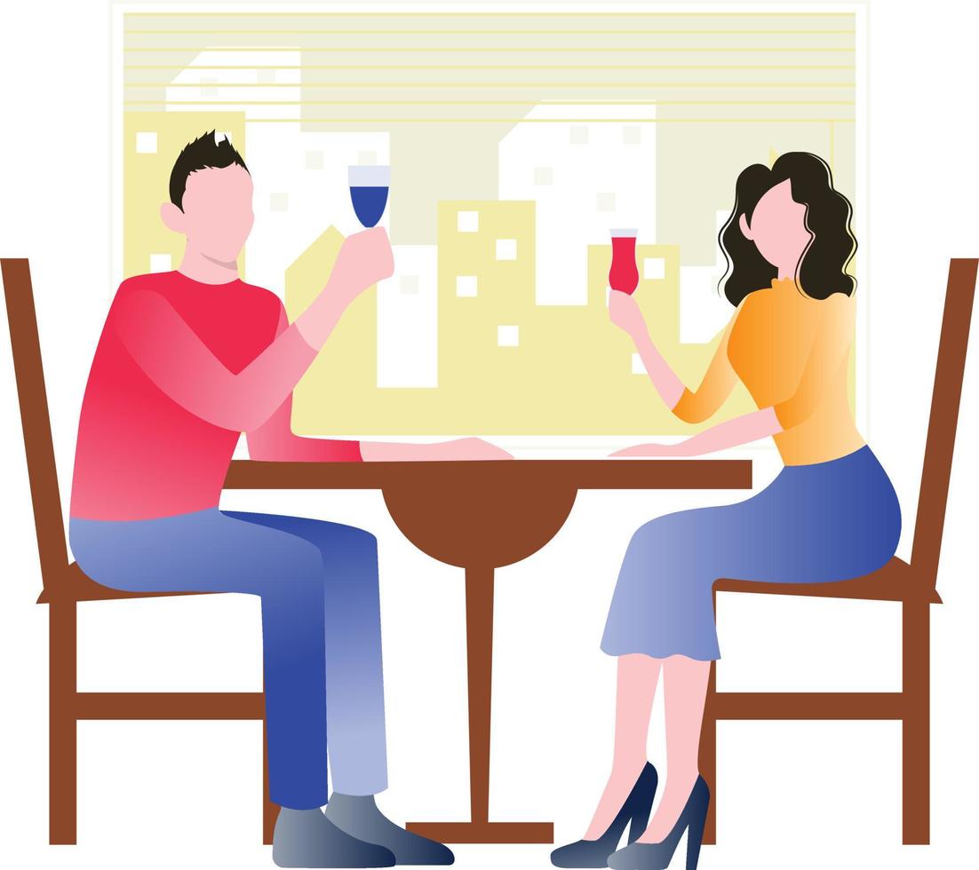 la pareja está sentada en la mesa del comedor y tomando bebidas. vector