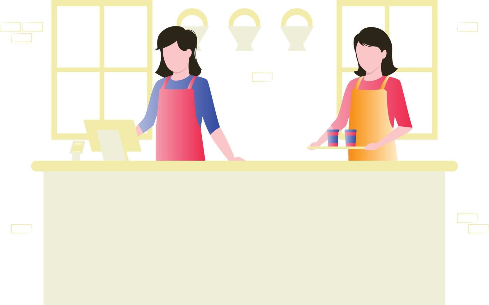 There are two girls standing on counter bar. vector