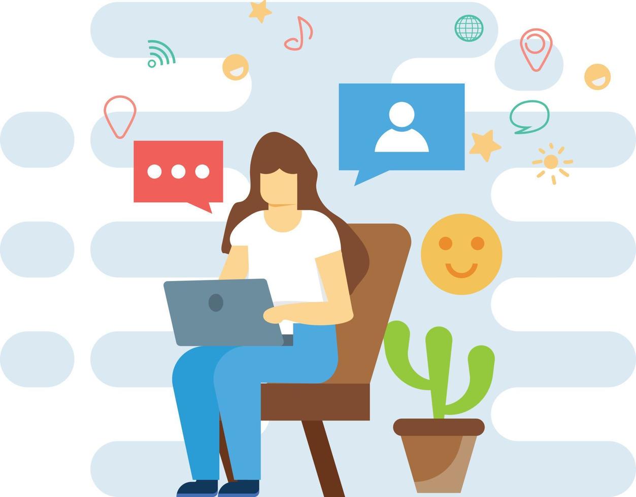 The girl is sitting on chair and chattig on social media. vector