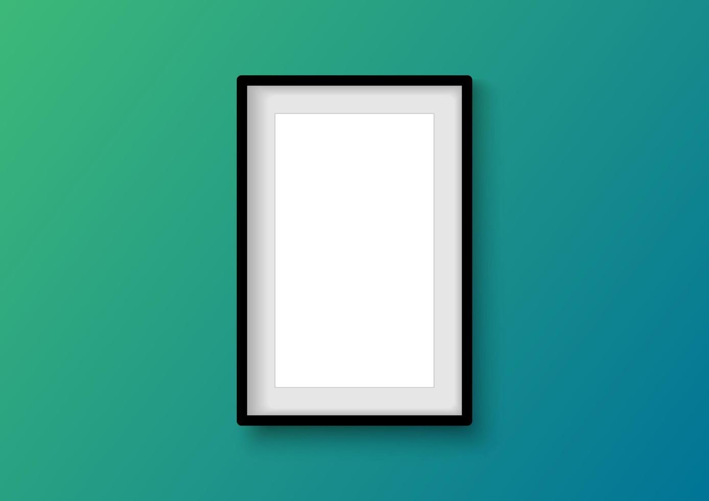 Vertical black photo frame object on gradient green color wall. Mock up for composition object with shadow. Realistic vertical isolated template. Vector illustrator.