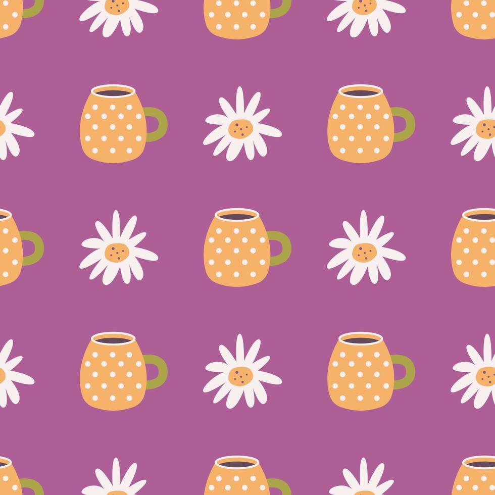 Orange mug with white polka dots with chamomile flowers, vector seamless pattern