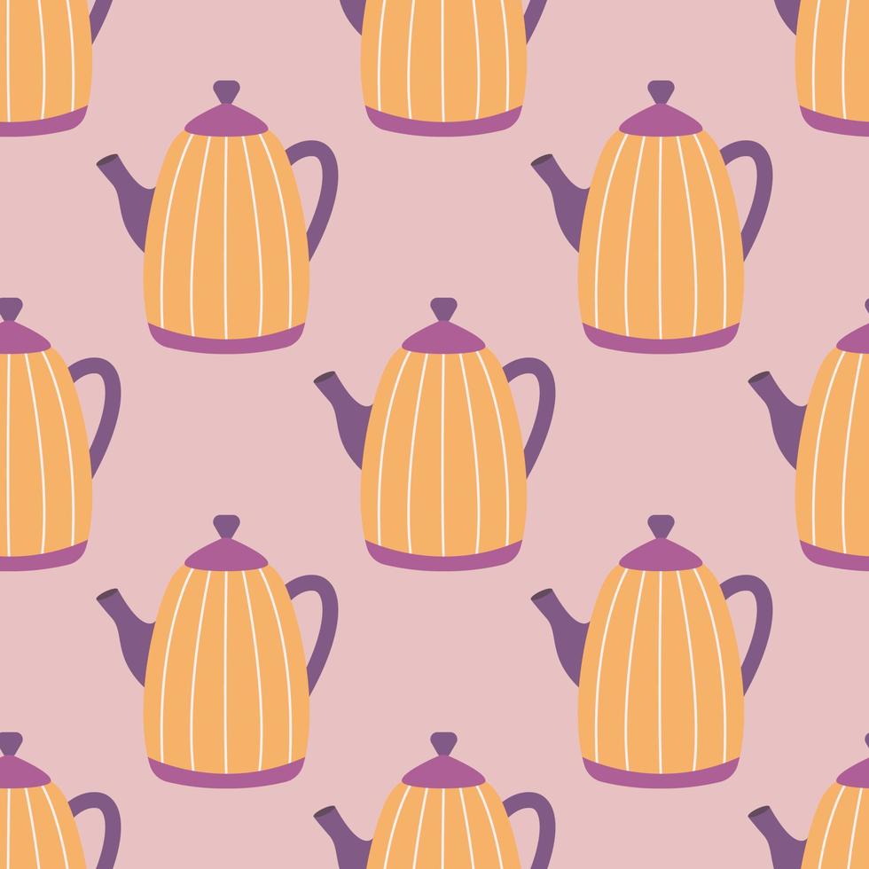 Orange teapot with stripes for tea or coffee, vector seamless pattern